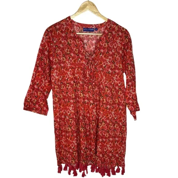 NEW Anthropologie Ro's Garden Seychelles tunic tassel dress Red Poppy S - Picture 4 of 12